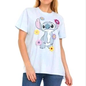 Disney Stich Crochet Flowers Short Sleeve Shirt Blue Size XXL